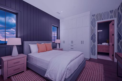 Modern bedroom interior with stylish decor, featuring a bed, nightstands, and a scenic view through the window.