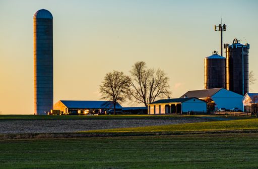 A horizontal shot of Industrial buildings on the farm in the evening.