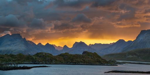 A beautiful sunset view of the Lofoten Mountains in Norway