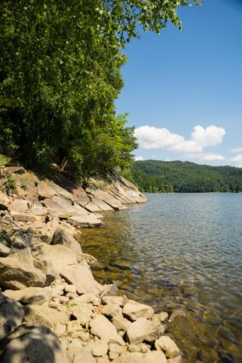 A vertical landscape photo of a pebble beach on Lake Zywieckie on a sunny day