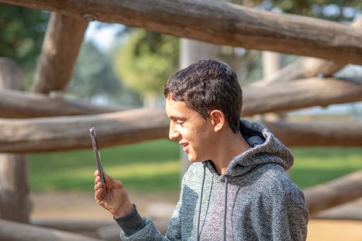 A Caucasian young boy with dark hair looking at his smartphone in a park wearing a gray hoodie