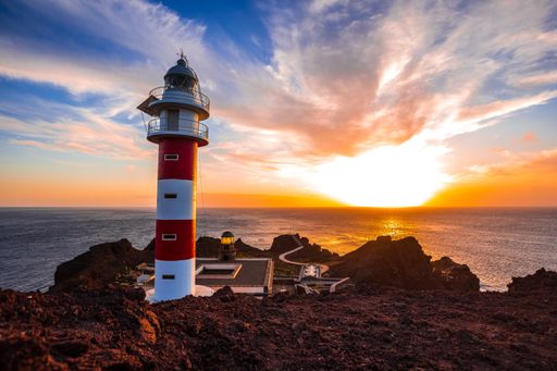 The beautiful Punta De Teno Lighthouse captured during the breathtaking sunset in Tenerife, Spain