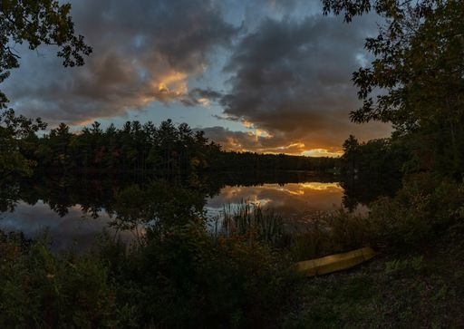 A landscape of a pond surrounded by greenery under a cloudy sky during the sunset