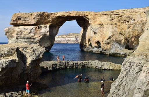 Azure Window, natural arch formed by sea cliff erosion in Gozo, popular destination for tourists and swimmers, before its collapse, now lost forever.