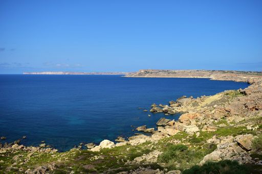 Coastal cliffs in Northern Malta, showing evidence of weathering, erosion, scree and cliff recession. Limestone cliffs near Ghajn Tuffieha, Malta