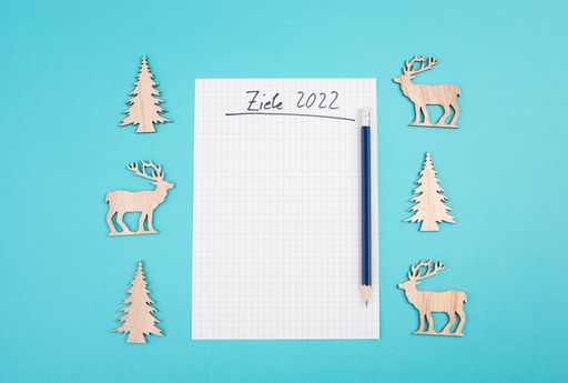 Goals 2022, empty paper, christmas time, making plans for the new year, copy space, blue colored background, german language