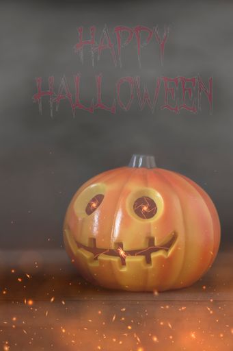A vertical shot of a terrifying pumpkin for the Halloween party with the text "Happy Halloween"