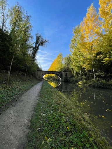 A vertical shot of the beautiful Canal de l'Ourcq in France with greenery surrounding it