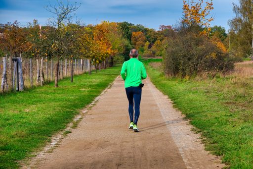 Berlin, Germany - October 25, 2021: A male jogger in sportswear from behind on a footpath in an autumnal park.