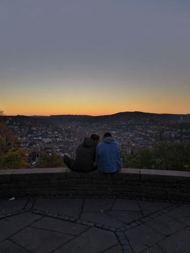 Sitting couple on wall at park, enjoys sunset during autumn, looking at phone, back perspective