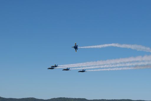 A group of flying aircraft against a blue sky during an airshow