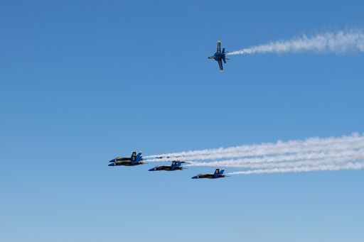 A group of flying aircraft against a blue sky during an airshow