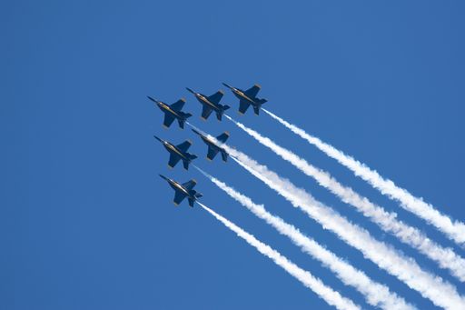 A group of flying aircraft against a clear sky during the National Air Show in Cleveland, USA