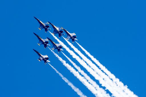 A group of flying aircrafts against a blue sky during an airshow