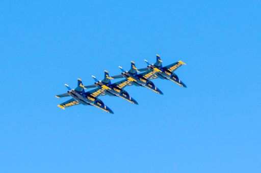 A group of flying aircraft against a blue sky during an airshow