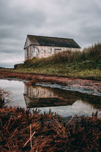 A vertical shot of an old abandoned house near the pond during a cloudy day