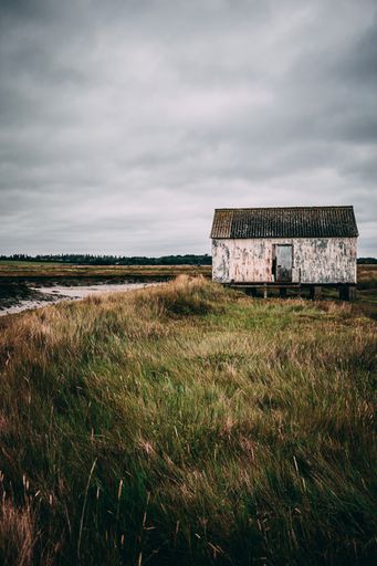 A vertical shot of an old abandoned house near the pond during a cloudy day