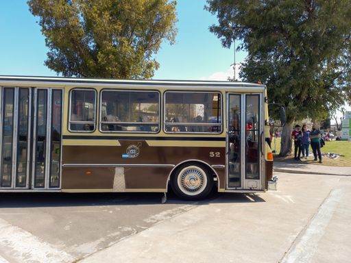 bus for urban public passenger transport in Buenos Aires 1990s. Side view. Expo Fierros 2021 classic car show. Copyspace