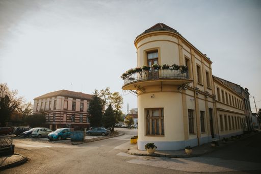 The Islahijet building in an architectural ensemble at sunset in Brcko, Bosnia and Herzegovina