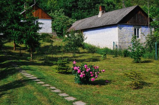 A beautiful yard of a rural house on a sunny morning