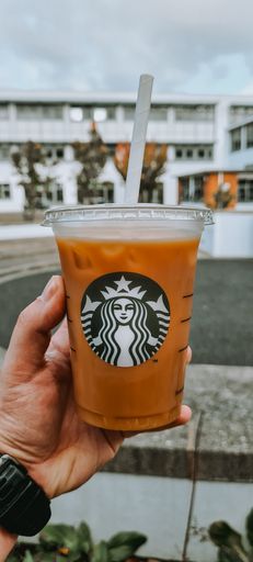 A vertical shot of a hand holding a Starbucks iced coffee