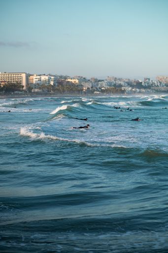 A View of many people surfing in the seawater with a surfing board under a blue water