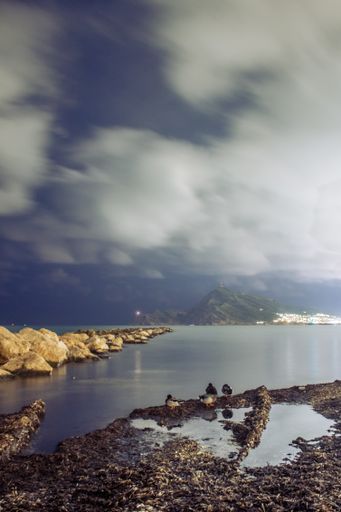 A vertical shot of a rocky beach and a seaside town at the night