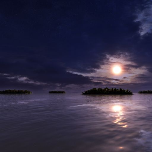 A small island in the middle of the sea under a dark sky