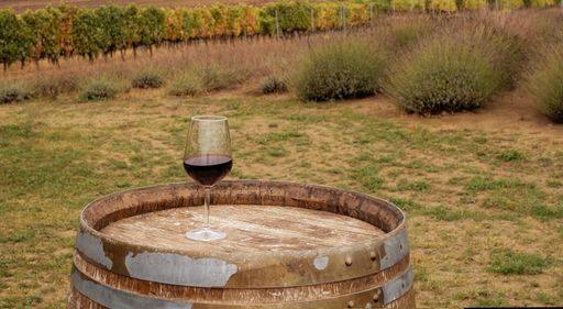 A glass of wine on a wine barrel