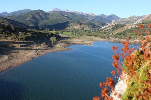 A beautiful shot of a lake surrounded by trees and mountains on a sunny day