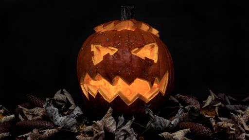 A close-up shot of a beautiful Halloween carved pumpkin surrounded by scattered leaves on black background