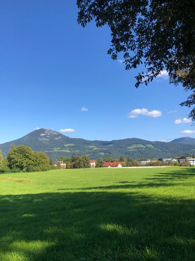 A beautiful green field with mountains against a cloudy blue sky background
