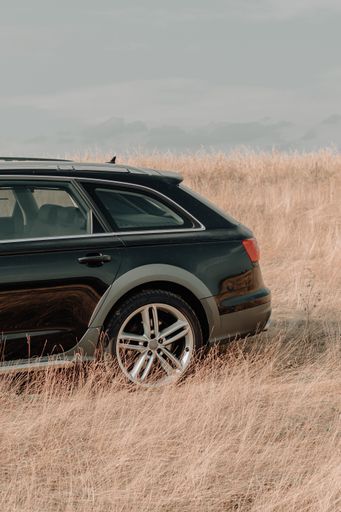A vertical shot of a modern luxurious fancy black metallic car in a dry grass field