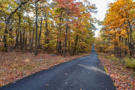 The view of the road passing through the autumn forest. High Point State Park, United States.