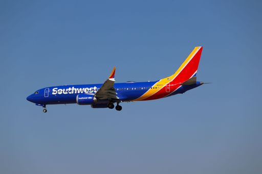 Southwest Airlines Boeing 737 MAX 8 lands at San Jose airport from San Diego in the afternoon