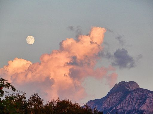 A mesmerizing view of a cloudy sky with a moon on a mountain and trees