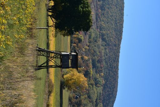 A view of a wooden Hunting high-stand in the rural field with forest trees, blue sky in the background