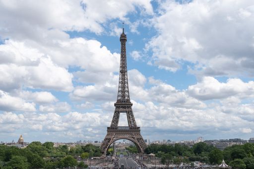 View of the Eiffel Tower on a bright day from Trocadero with the clouds in the background. Many people are walking on the street.