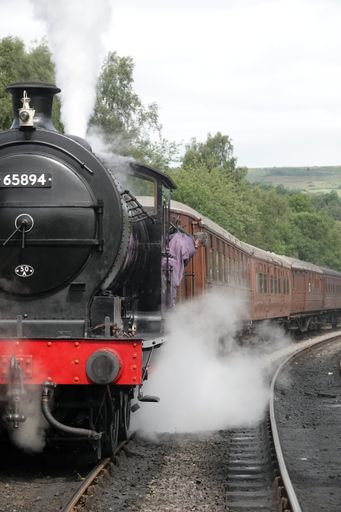 A vertical shot of a steam train in operation on the North Yorkshire Moors Railway, the UK