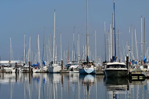 A serene marina with sailboats and yachts reflecting on calm water under a clear blue sky.