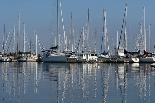 A serene marina with sailboats reflecting on calm water under a clear blue sky.