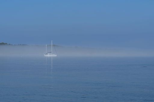 A serene sailboat on a misty lake with a clear blue sky and distant forest.