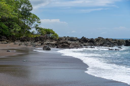 A serene beach with rocky shoreline and lush greenery under a clear blue sky, offering a tranquil coastal scene.