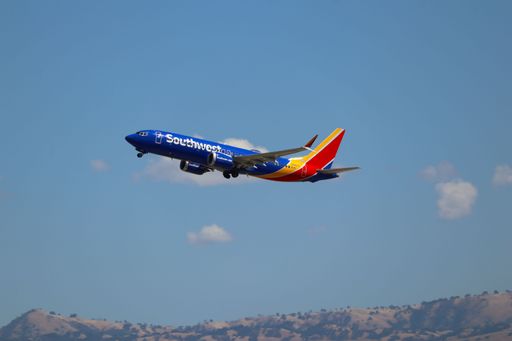 Southwest Airlines Boeing 737 MAX 8 takes off with Diablo mountains in the background