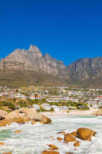A vertical shot of Camps Bay Beach and Table Mountain in Cape Town South Africa