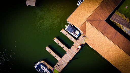 An aerial shot of a boat dock