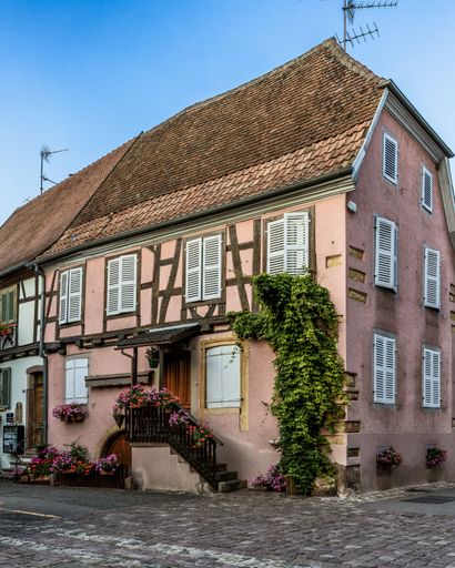 Charming half-timbered house with pink facade and lush greenery in a European village setting.