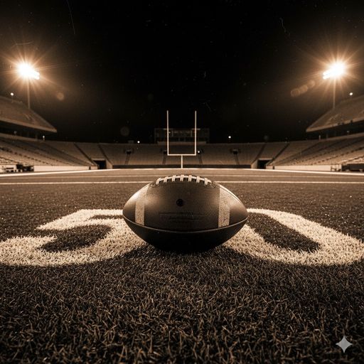 A sepia-toned image of a football on the 50-yard line of an empty stadium under bright lights at night.