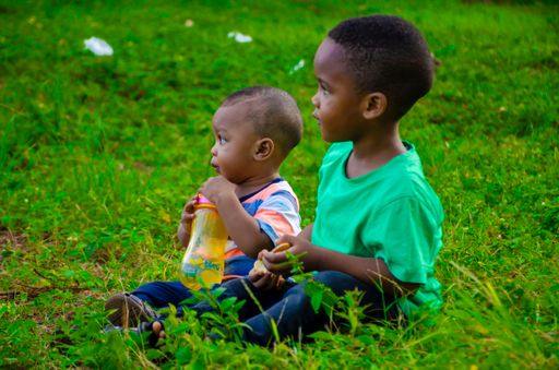 A closeup of cute little Black boys sitting on the grass in the park and looking away