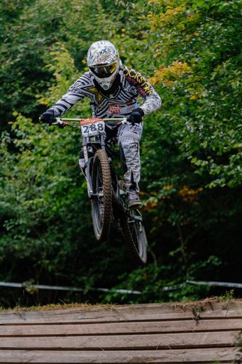 A trail biker during the Rosstrappen Thale Harz Downhill Cup in Thale, Germany